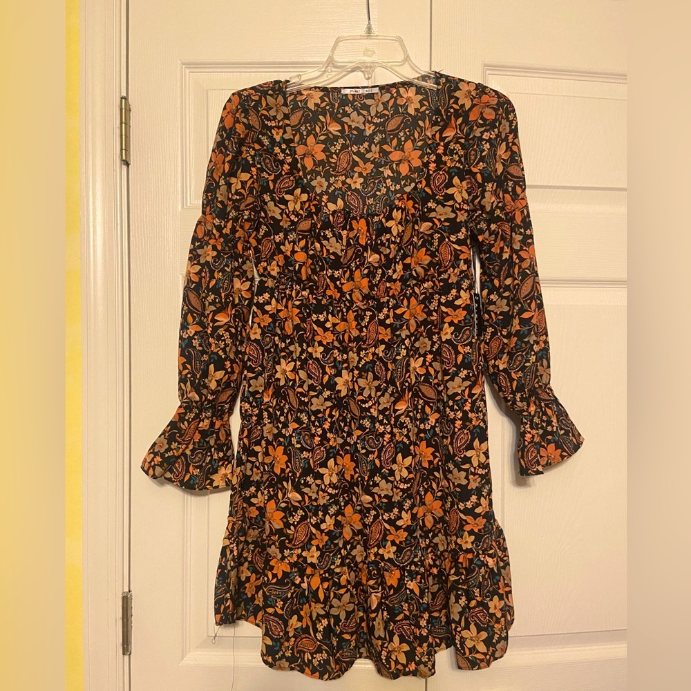 Floral Long Sleeve Dress - Black and Orange